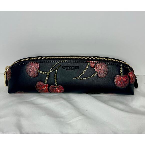 Coach Cherry Sequin Print Pencil Case Black Leather Zip Pouch Gold Tone CDC00